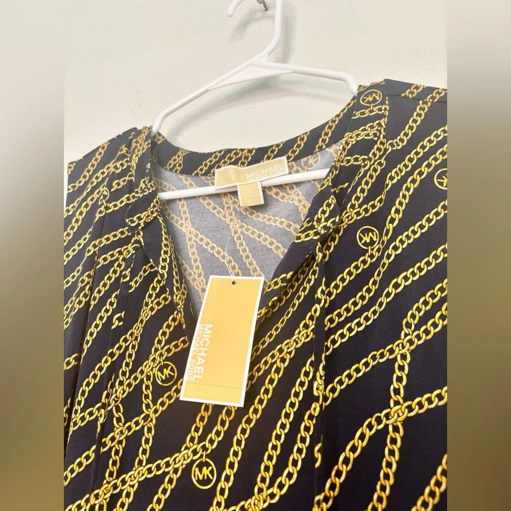 MICHAEL KORS NWT NAVY & GOLD CHAIN PRINTED MIDI DRESS SZ 2X